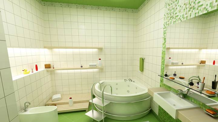 White And Green Interior In Bathroom